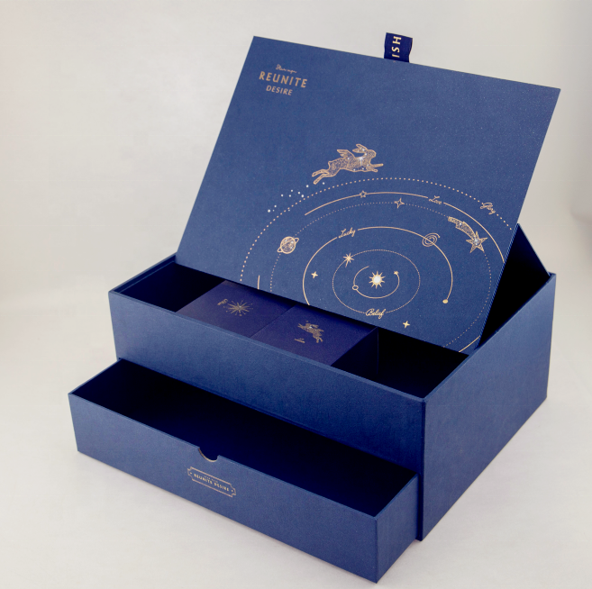 Special Design Double Deck Hot Stamp Logo Printed Mooncake Packaging Blue Drawer Gift Box 