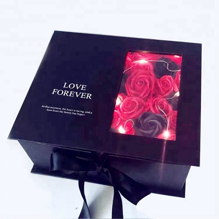 Luxury Black Paperboard Flower Wedding Favor Paper Gift Box With Clear Pvc Window