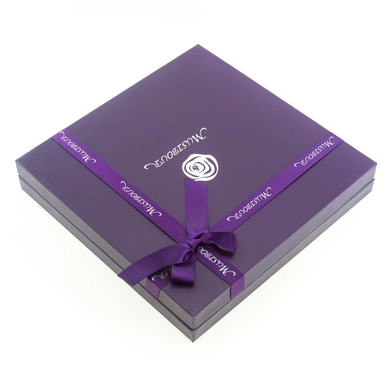 Purple Color with Silver Stamping Logo Custom Scarf Packaging Paper Box with Ribbon Bowknot 